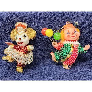 2 Unique Vintage Christmas Ornaments‎ Bead & Sequin Push Pin Clown And Mouse